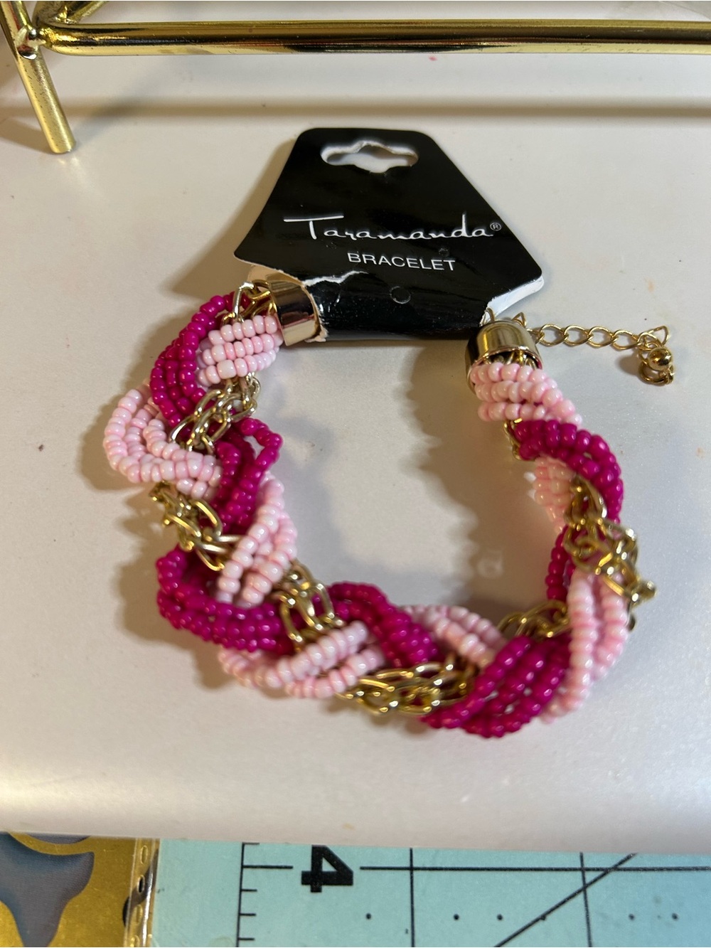 Taramanda Pink Twisted Bead & Gold-Chain Bracelet